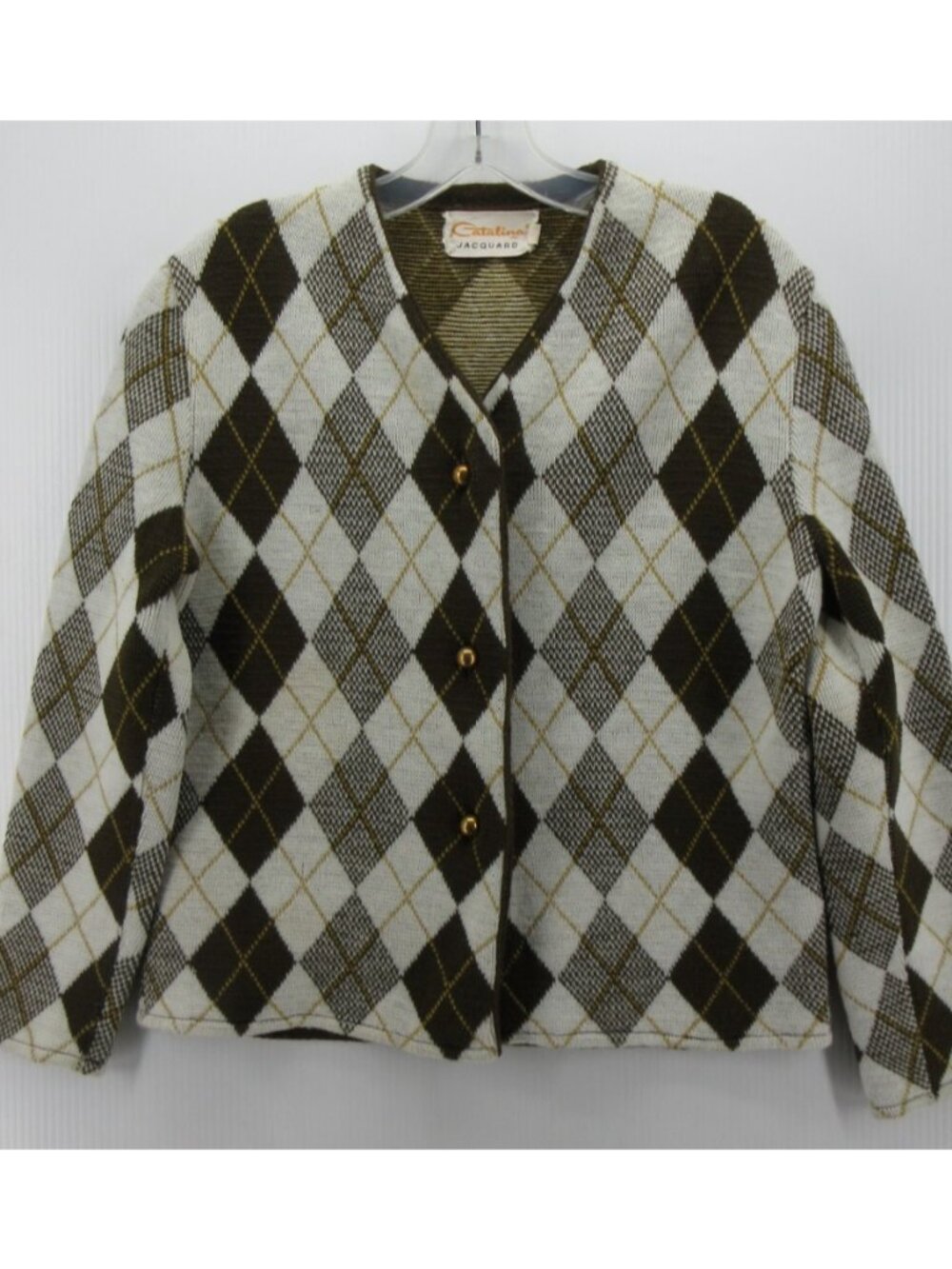 VINTAGE Catalina Sweater 38 Jacquard Cardigan Argyle 60s 70s Medium*